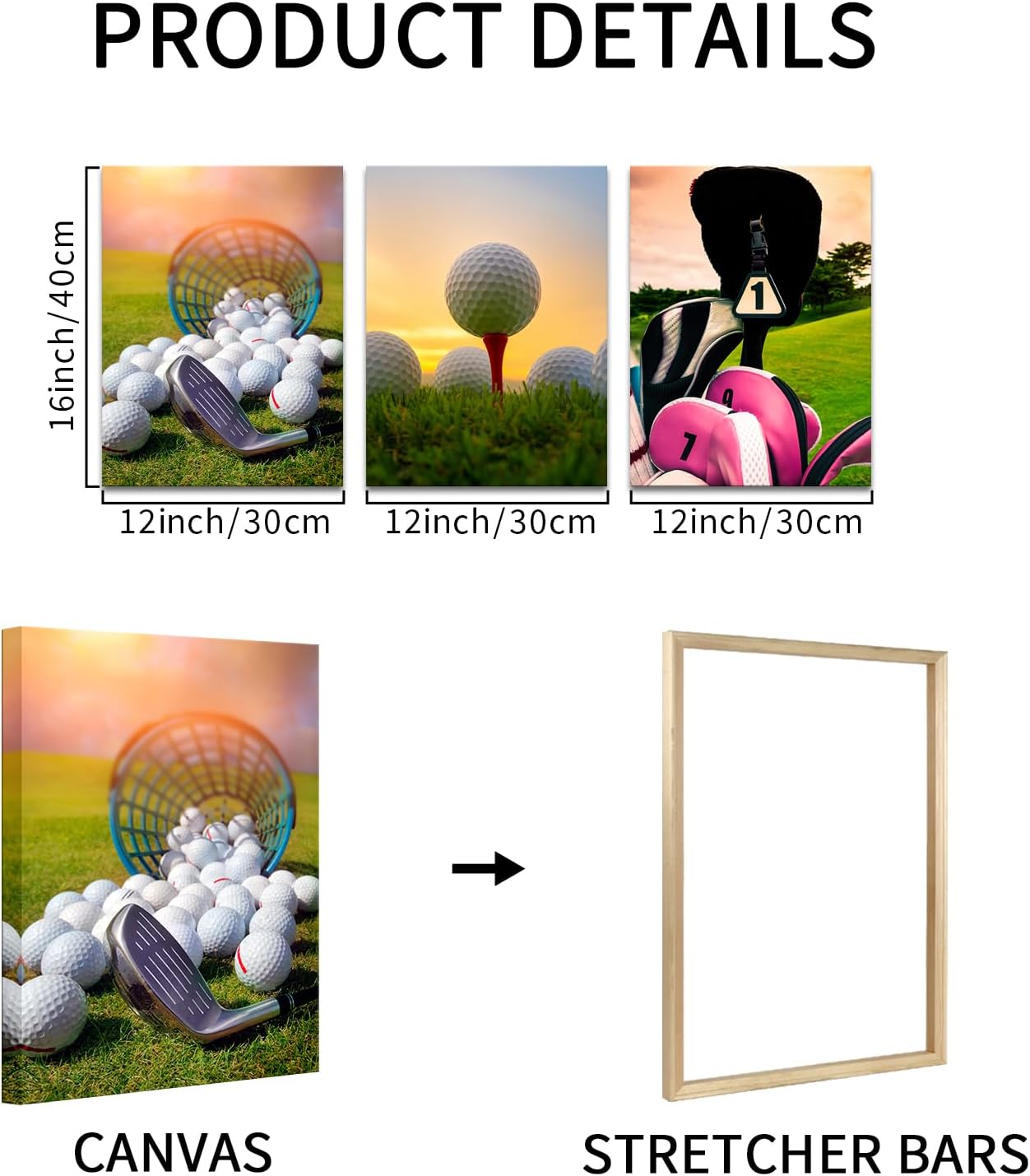 Muzenso Golf Canvas Wall Art Set of 3 12x16 Inch Sports Theme Prints Golf Ball and Clubs Artwork for Office Lounge Man Cave Bedroom or Golf Lover Room Decor Stretched Canvas Ready to Hang - Image 6