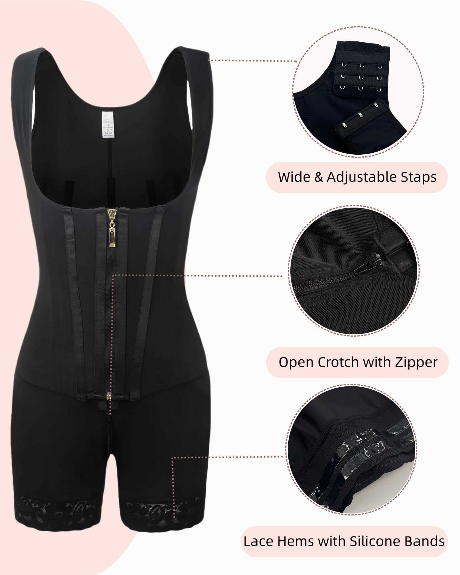 Fajas Colombianas Moldeadoras Shapewear gainant Faja Body Shaper Postpartum Fesses Lifter avec fermeture éclair à l'entrejambe, noir, X-Large