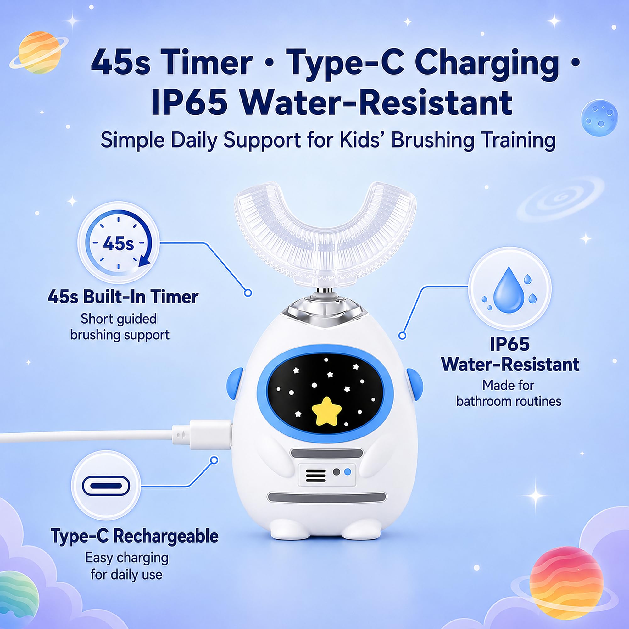 Spazzolino elettrico per bambini a forma di U, pulizia profonda a 360°, 3 modalità, insegnamento vocale, timer intelligente 45S, ricarica di tipo C, design astronauta impermeabile, per