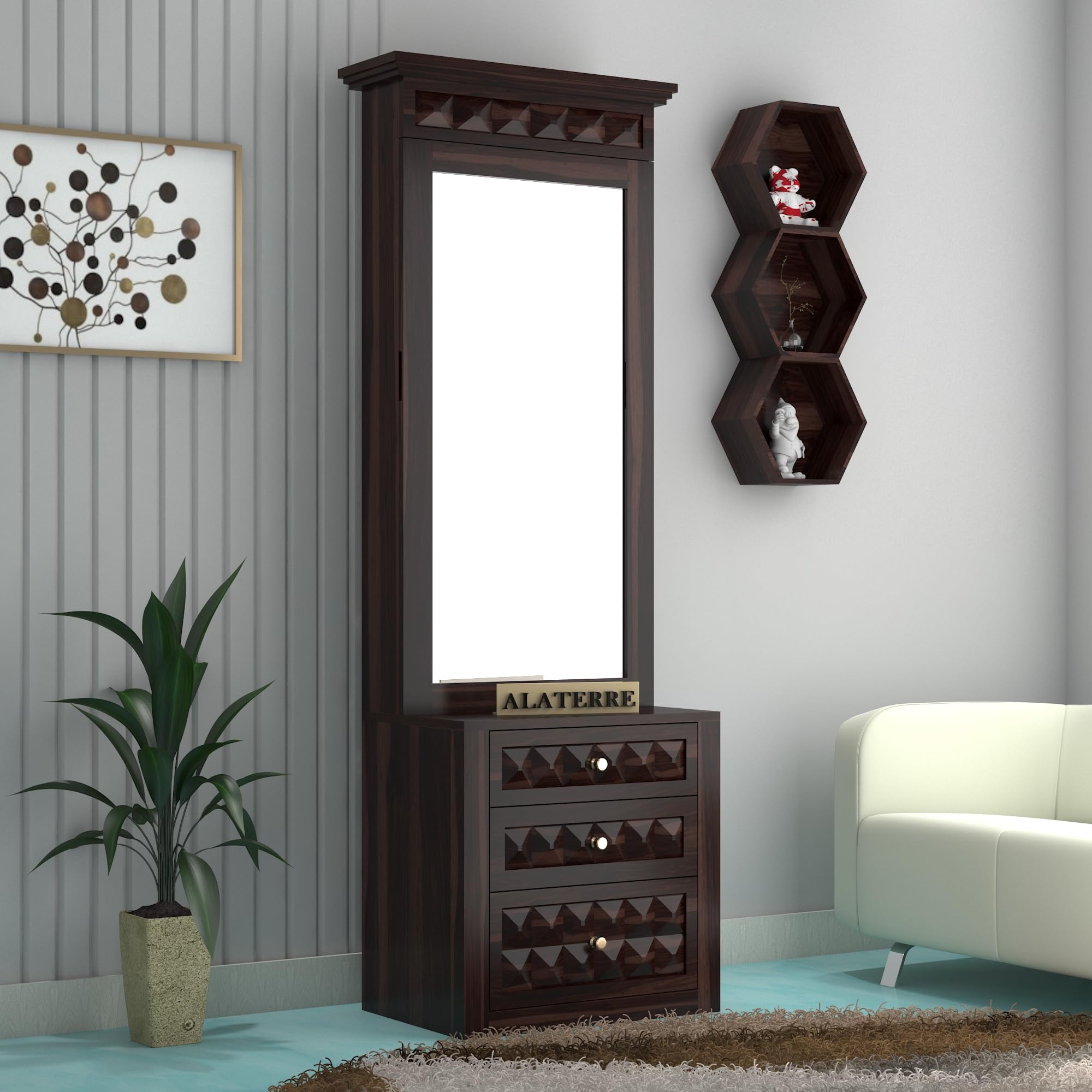 ALATERRE HOME FURNITURE Wood Dressing Table with Mirror and Storage || Wooden Makeup Table Vanity || Walnut Finish