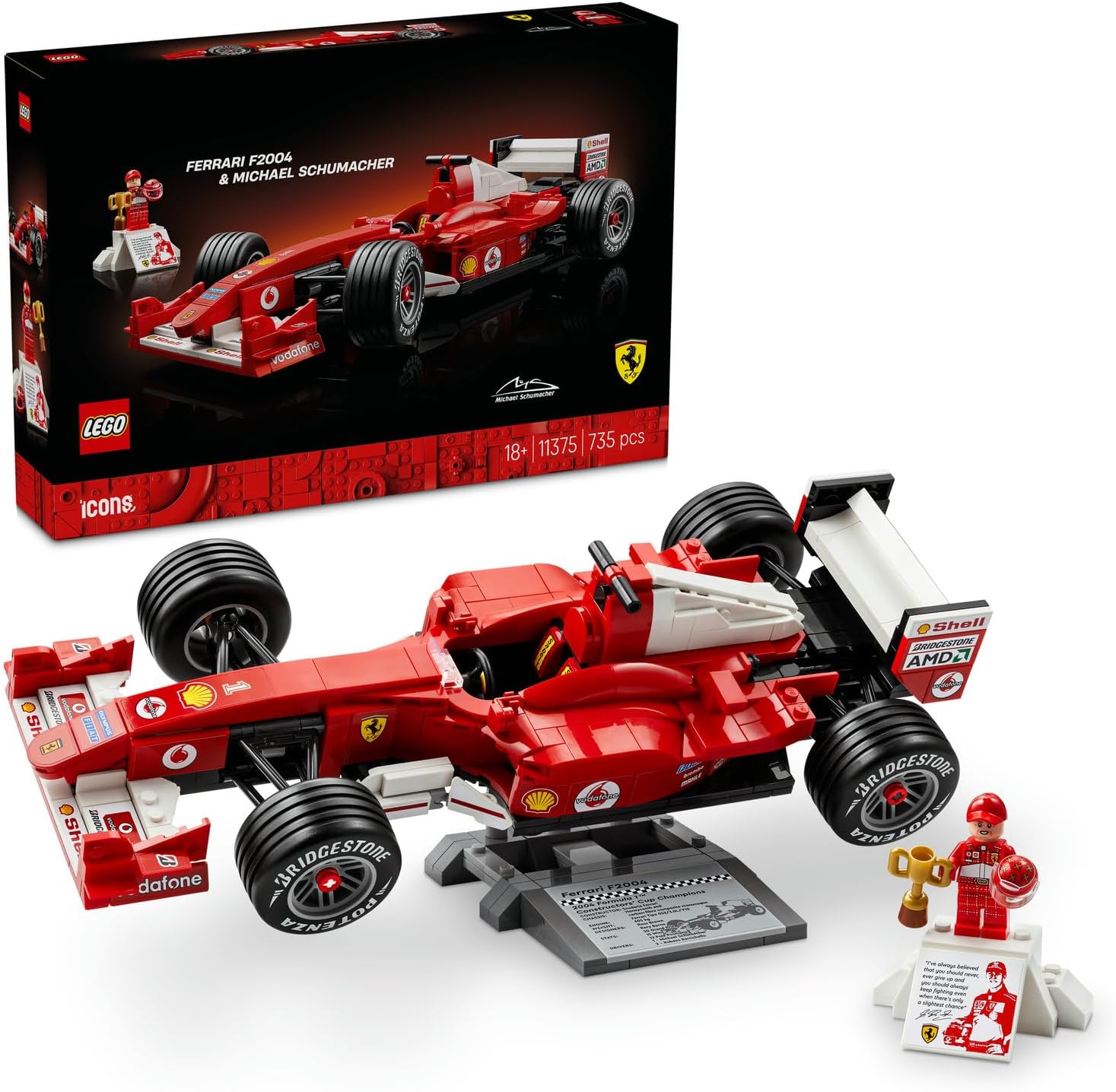LEGO Icons Ferrari F2004 ve Michael Schumacher 11375 - Yetişkinler için Sergileme Standı ve Michael Schumacher Minifigürü İçeren Yaratıcı Dekoratif Model Yapım Seti, Hediye Fikri (735 Parça)