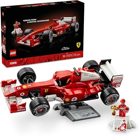 LEGO Icons Ferrari F2004 ve Michael Schumacher 11375 | Yetişkinler için Sergileme Standı ve Minifigür İçeren Dekoratif Model Yapım Seti, Hediye Fikri (735 Parça)