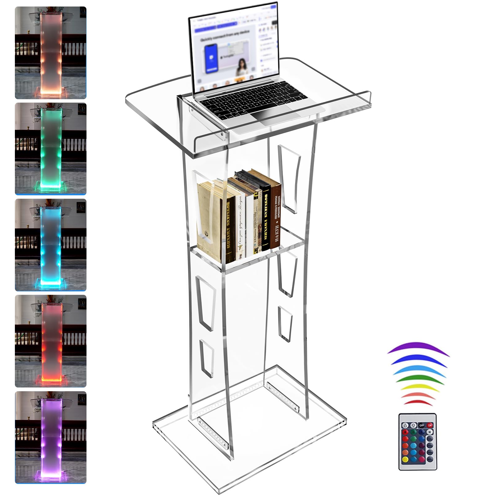 Vakiorn Acrylic Podium, Transparent Acrylic Lectern with Storage Shelf, Church Pulpit with 15 Color LED Light, Stability Podium Stand for Church, Lecture, Wedding, Classroom (23.6"x16"x 45.2")