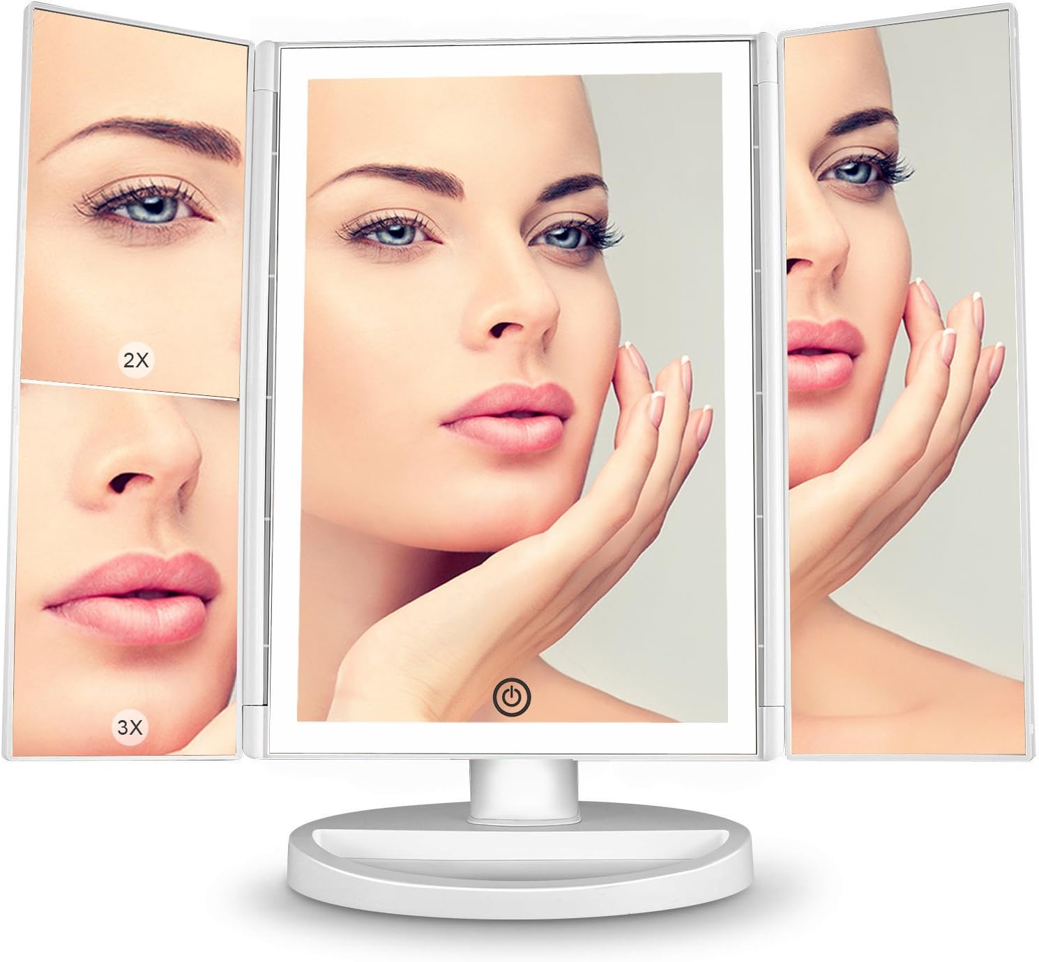 hunhun Nature Light/Bigger Size Makeup Mirror,Tri-Fold Vanity Mirror, Eyes Protection,180° Adjustable Rotation, 10X/3X/2X/1X Magnification Mirror (White)