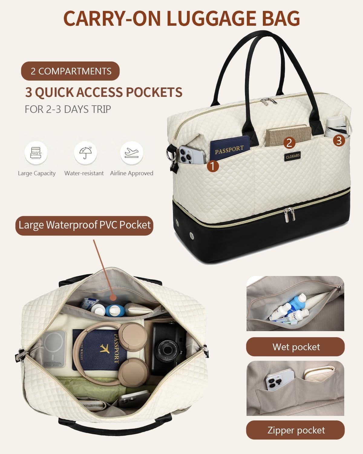 Travel Bag for Women, Weekender Bags Large Carry On Overnight Bag Duffel with Separate Shoes Compartment & Strap, Hospital Bags for Labor and Delivery, Beige Black
