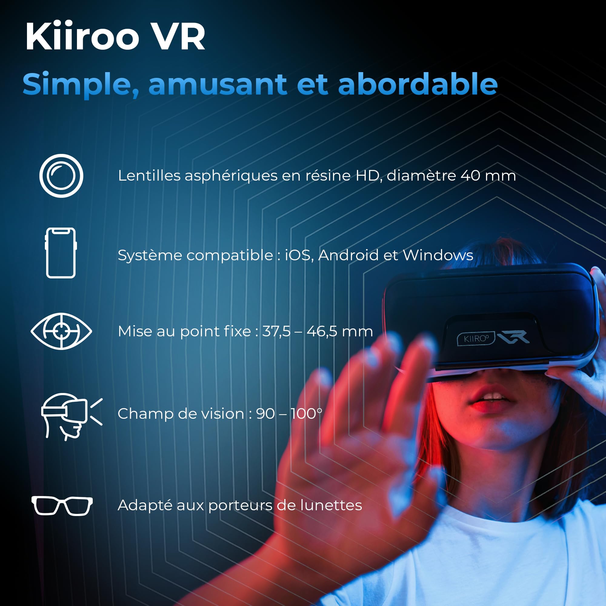 KIIROO Casque VR pour Téléphone – Réalité Virtuelle Mobile iPhone, Android & Windows, 40mm HD Lentilles, IPD & Focale Réglables, Confortable et Compatible Lunettes | Casque Réalité Virtuelle