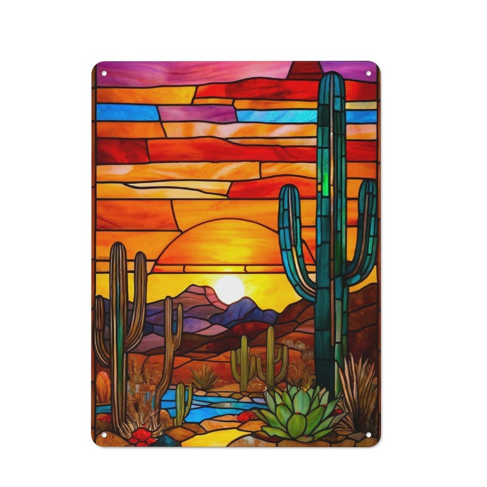 Junmoney Stained Glass Desert Sunset Rustic Tin Sign 40X30cm Featuring For Living Room Wall, For Metal Sign Collectors, For Garage And Workshop Walls
