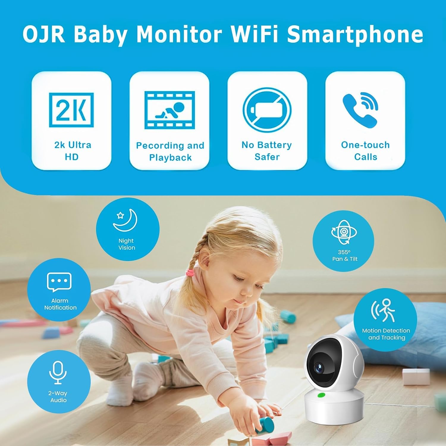 2K HD Video Baby Monitor with Camera and Audio, 2.4G & 5G WiFi Baby Monitor for Smartphone, One-Touch Calls, Night Vision, Motion Detection/Tracking, 2-Way Audio