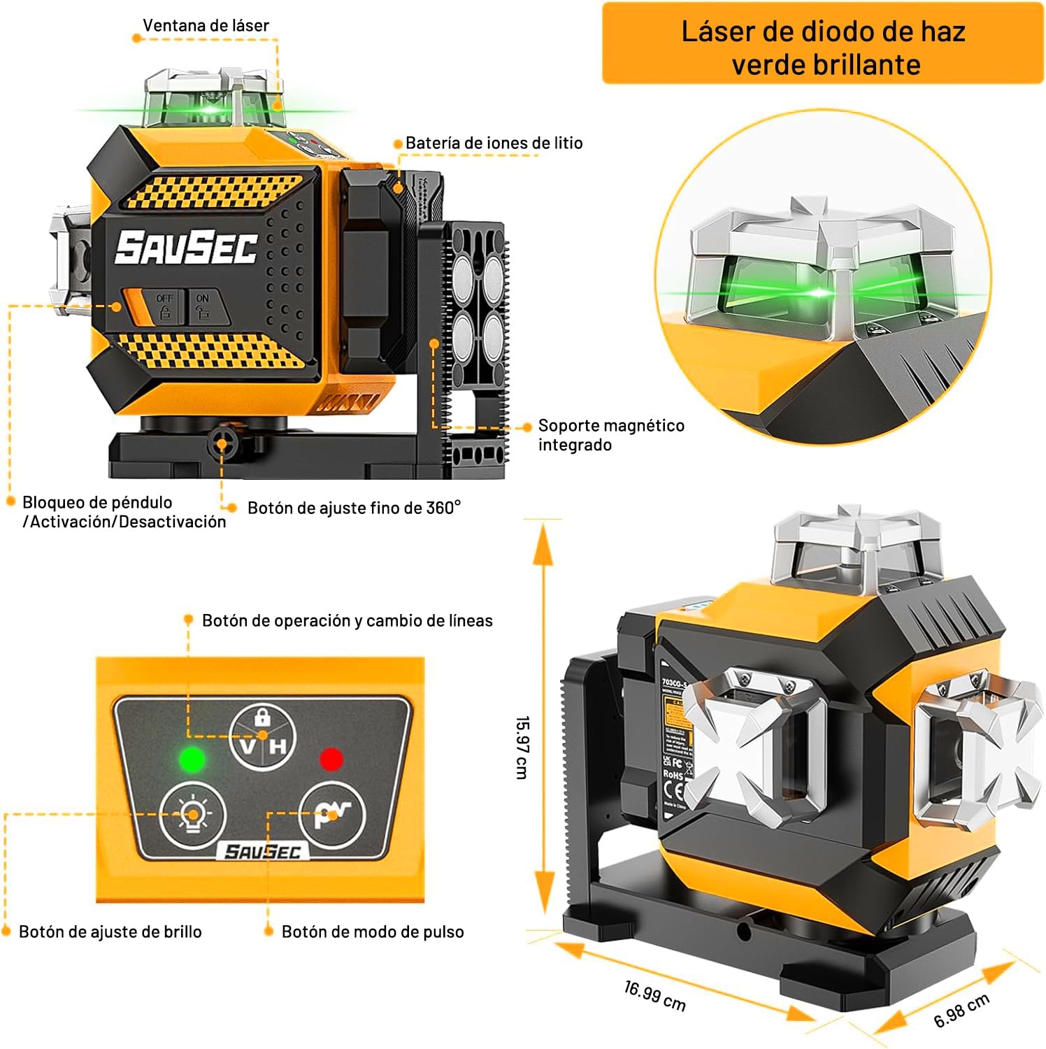 Laser a linee incrociate SAVSEC 3x360, laser a linee autolivellanti verdi 3D con modalità a impulsi, luminosità regolabile su tre livelli fino a 10 ore con batteria al litio ricaricabile (703CG-S)