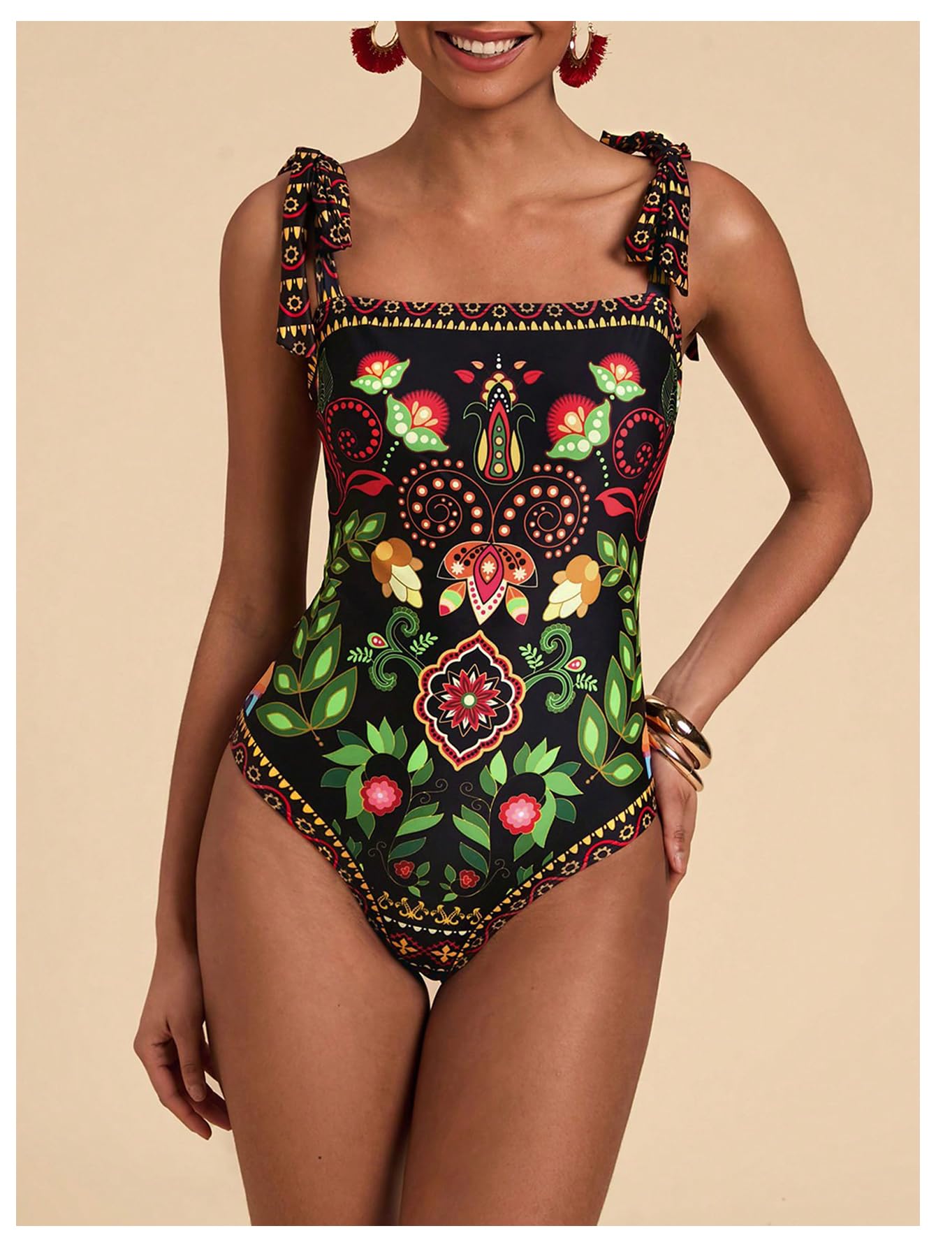 Floerns Costume da bagno intero da donna con stampa tropicale e spalle annodate