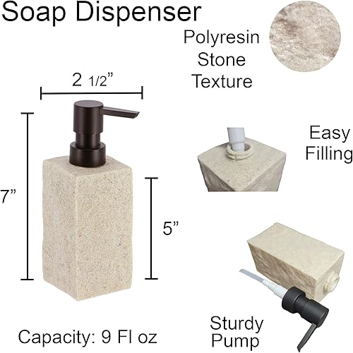 Miniatura 3 de Dispensador de jabón de manos y loción de resina cuadrada de baño, efecto piedra, 9 onzas líquidas, natural