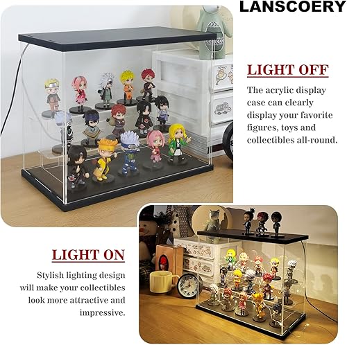 Miniatura 4 de LANSCOERY Vitrina de acrílico transparente con luz, soporte de 2 niveles con base negra, escaparate de protección a prueba de polvo para figuras