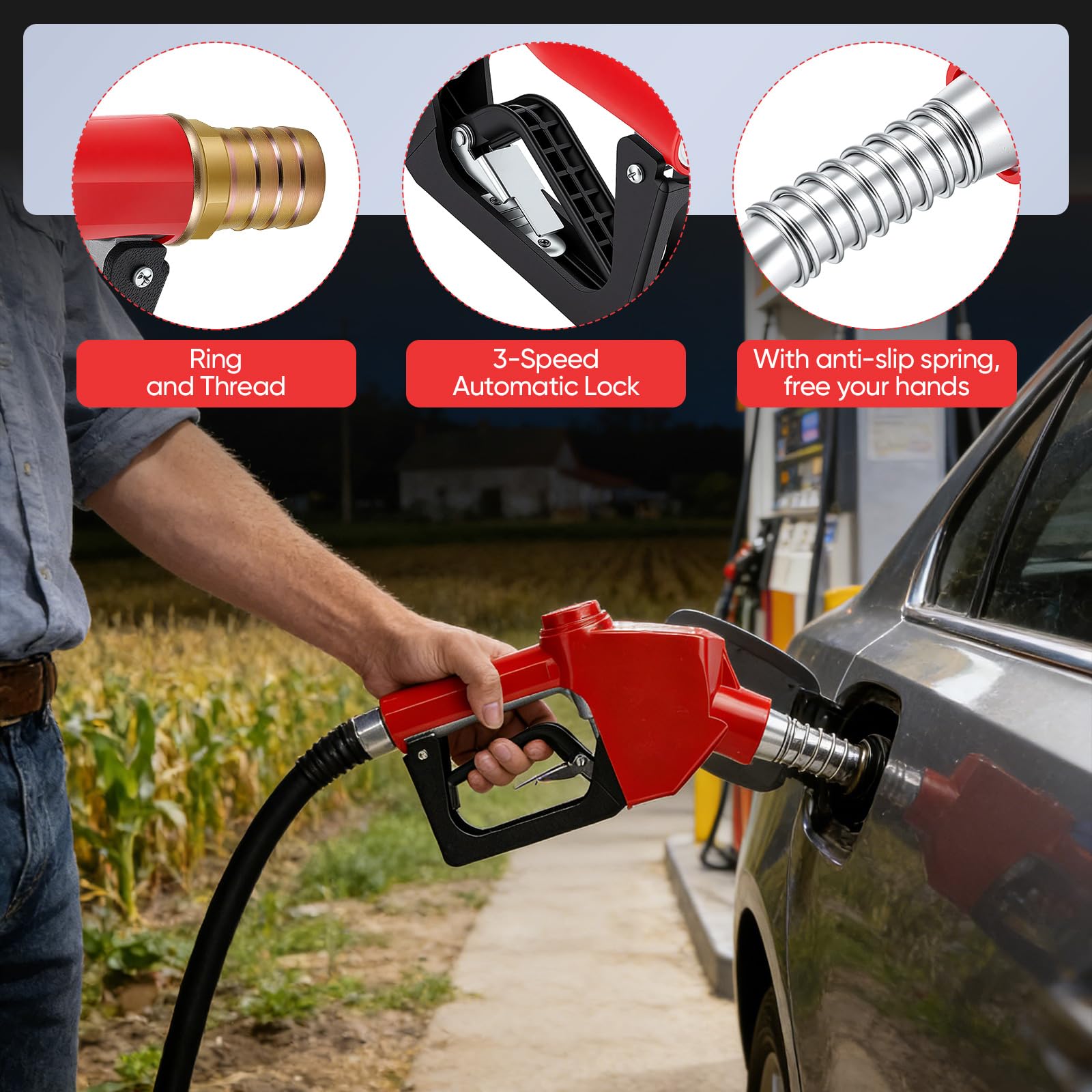 Pistola de Combustible diésel automática, Boquilla de Combustible con Entrada NPT de 3/4" para gasóleo de calefacción y diésel Bomba de diésel autocebante con 3 ajustes de caudal