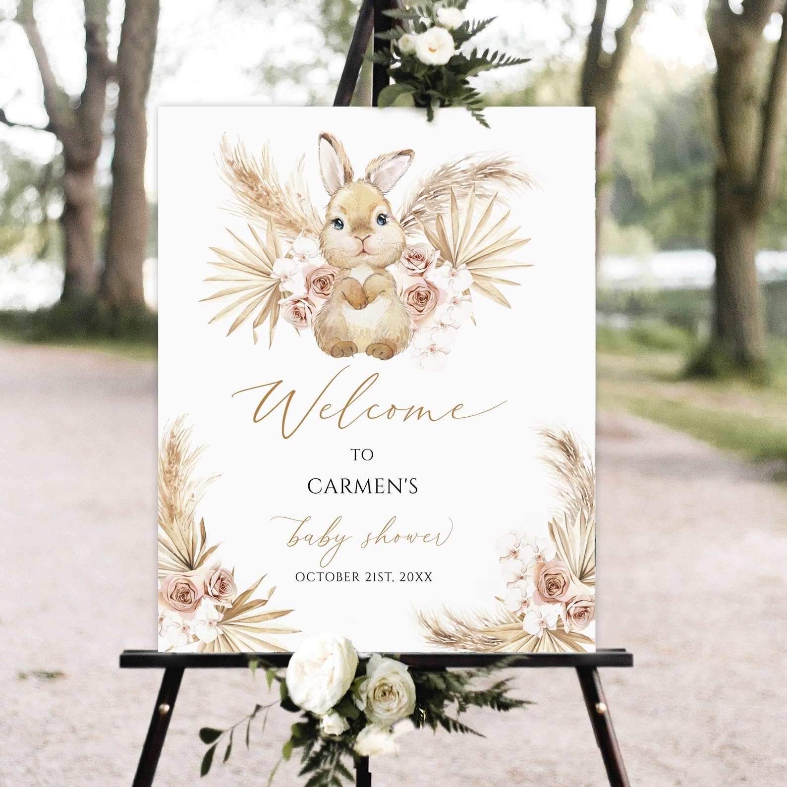 Personalized Baby Shower Welcome Sign - Editable Pampas Grass Little Bunny Theme - Birthday Party Decor