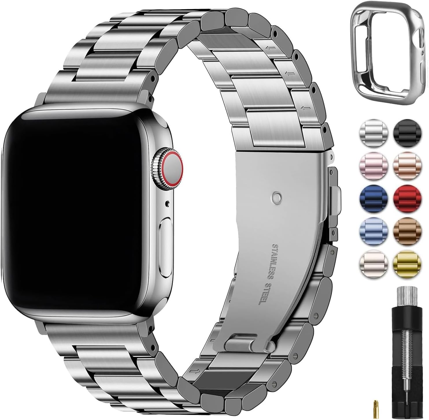 Fullmosa Compatible with Apple Watch Straps 40mm 41mm 38mm 42mm(Series 11/10), Metal Stainless Steel Replacement Bands for iWatch SE 3 2 1/Series 11/10/9/8/7/6/5/4/3/2/1, Silver & Protective Case