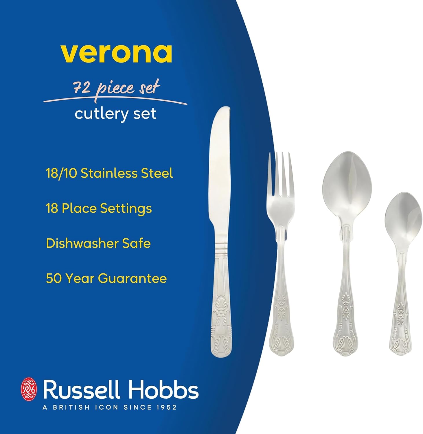 Russell Hobbs COMBO-8758 Verona Cutlery Set - 72 Pieces, 18/10 Stainless Steel, Cutlery for 18 People, Dishwasher Safe, Forks, Knives, Spoons, Teaspoons Included in the Set