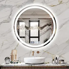 Espelho de Banheiro Redondo LED 60x60cm Antiembaçante | Vidro Temperado 4mm à Prova de Quedas | 3 Cores Dimerizáveis e Dupla Iluminação | 110V