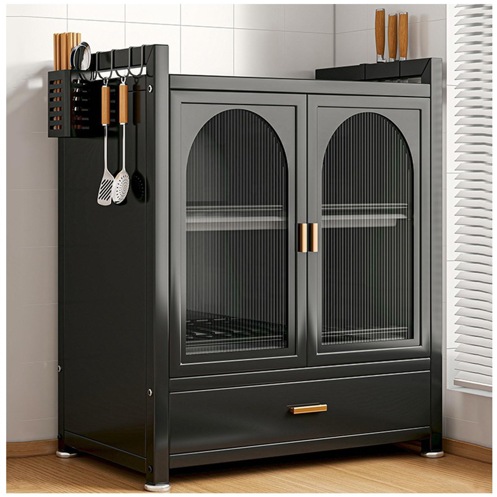 GLJTUO Freestandingwith Drainboard - Utility Cupboard Dish Drying Rack Pantry Sideboard with rage Doors and Shelves for Efficientrage Solutions,Black-45×28×59CM