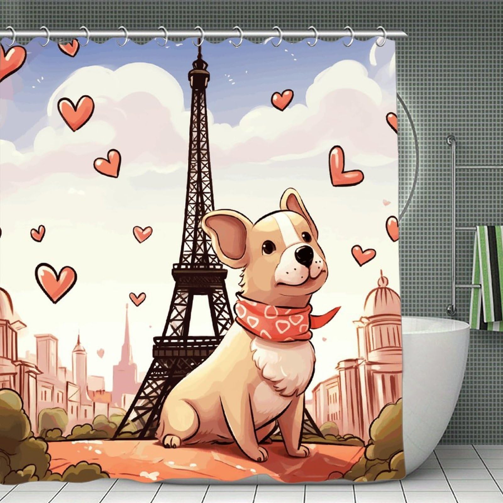 FekiLoot Dog and Eiffel Tower Shower Curtain Thick Weighted Shower Curtain Classic Unique Bath Curtains Heavy Duty Long Showers Curtains for Bathroom Bath Tubs Machine Wash 70.8"x70.8"