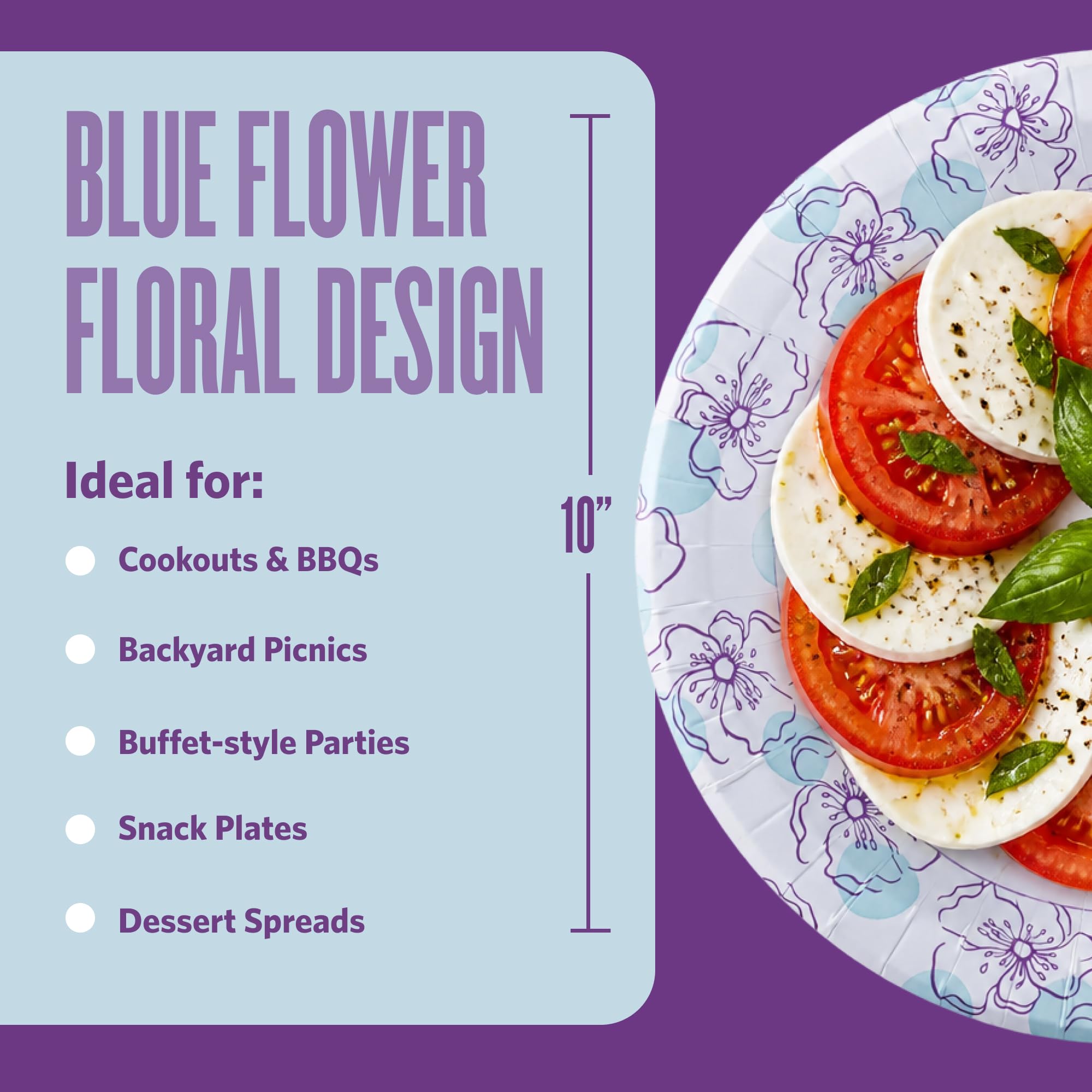 Glad Piatti di carta usa e getta rotondi, fiore blu, 25,4 cm, 100 pezzi