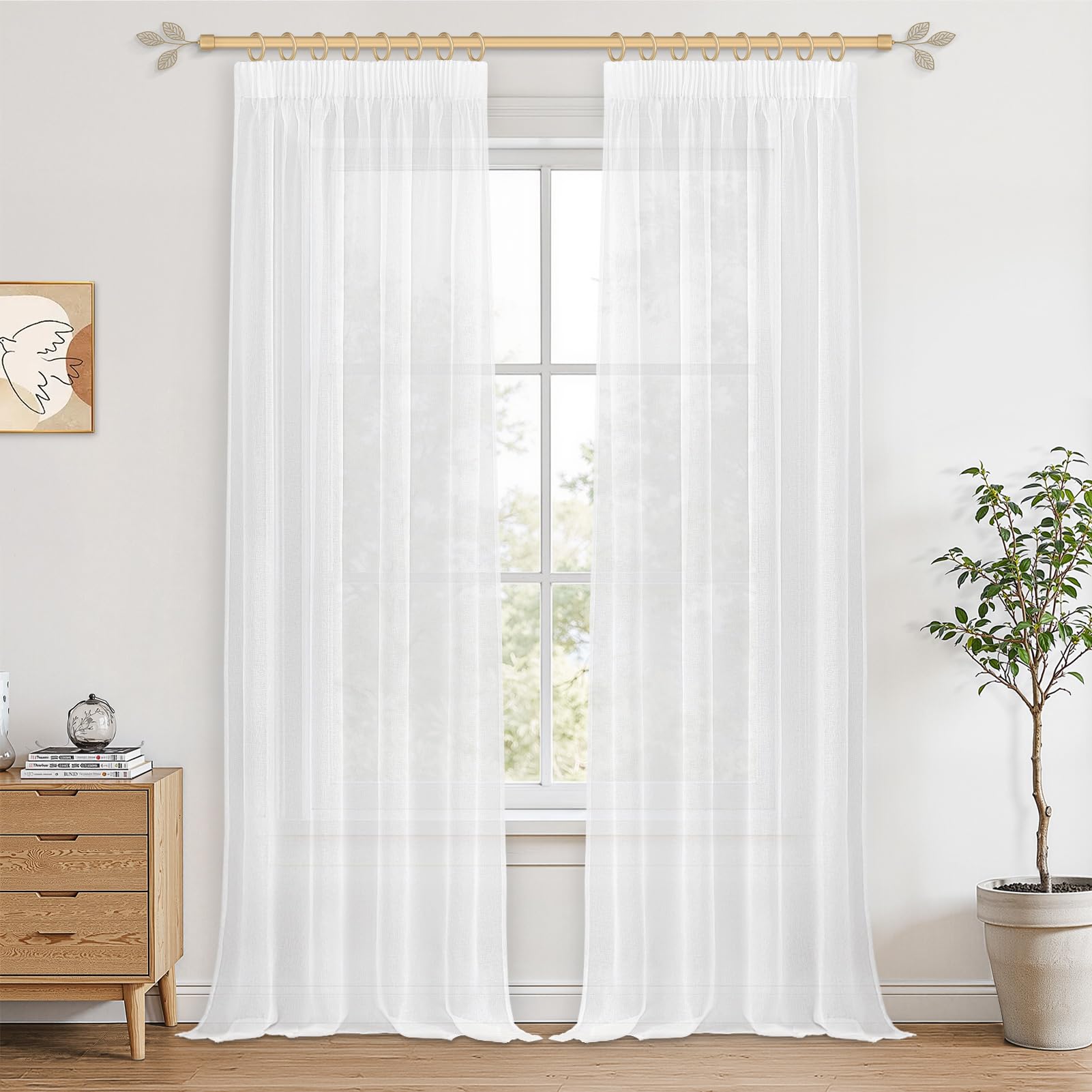 CUTEWIND Vorhänge Schlafzimmer Gardinen mit Kräuselband 2er Set 245X140cm (HxB) Boho Vorhang Transparent Leinenoptik, Ideal für Schlafzimmer, Wohnzimmer, Küche und Kinderzimmer