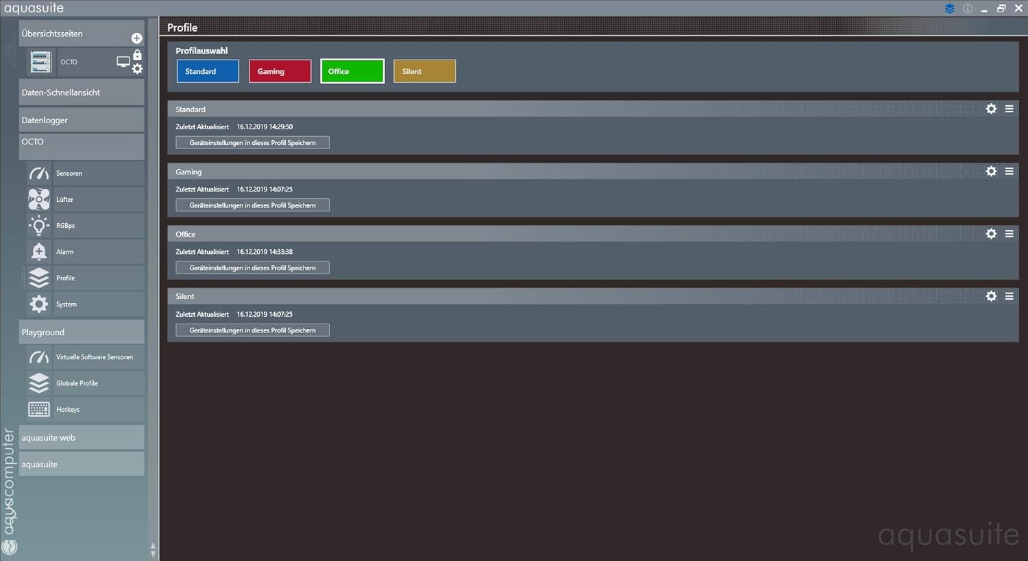 Screenshot of Aquasuite software showing profile ledelsesgrænseflade