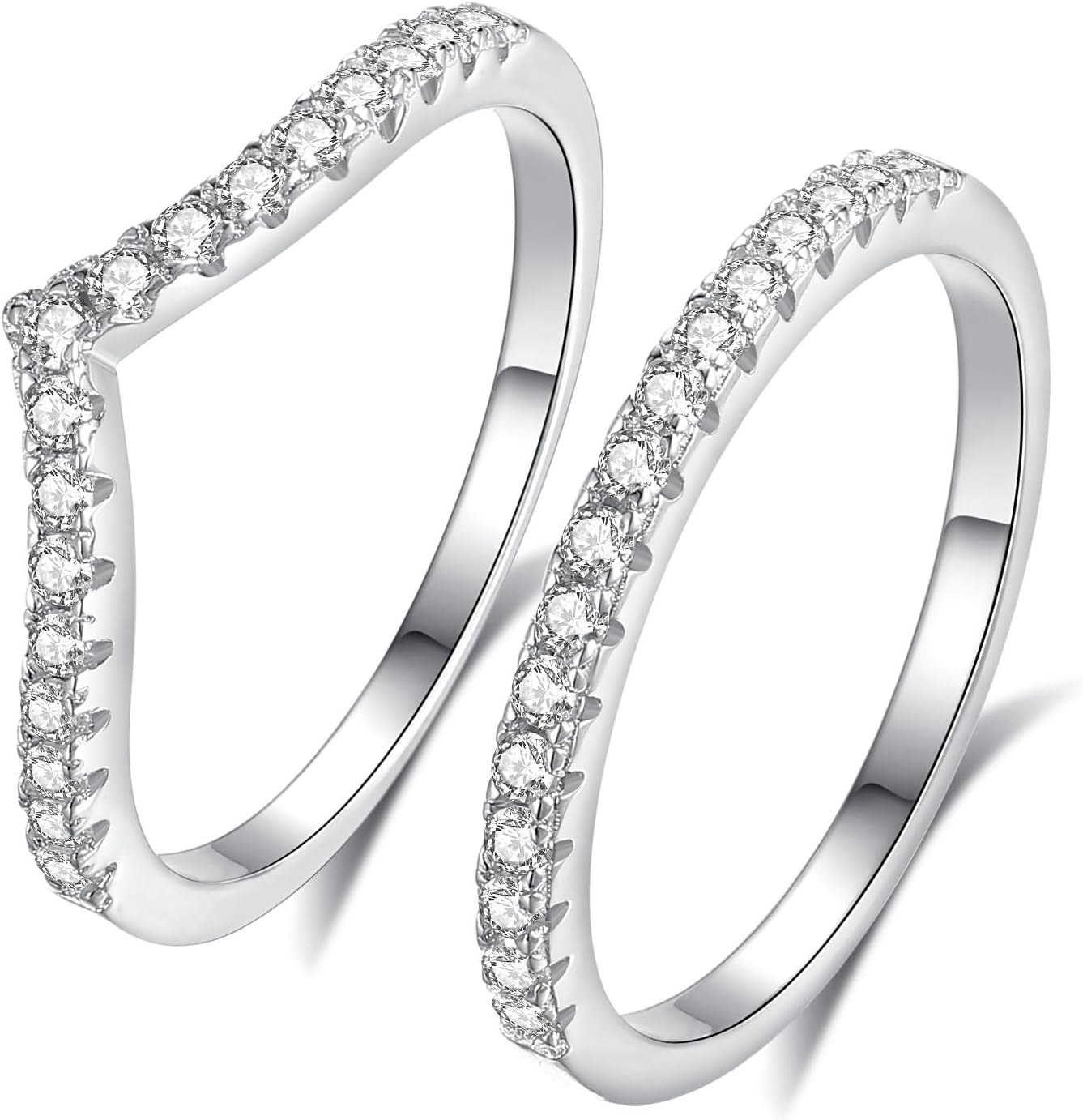 1.5mm Moissanite Band Ring, 2Pcs Stackable V Shaped, D Color VVS1 Wedding Ring Set 925 Sterling Silver, Anniversary Birthday Gift For Women, All Size