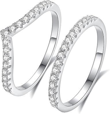 1.5mm Moissanite Band Ring, 2Pcs Stackable V Shaped, D Color VVS1 Wedding Ring Set 925 Sterling Silver, Anniversary Birthday Gift For Women, All Size