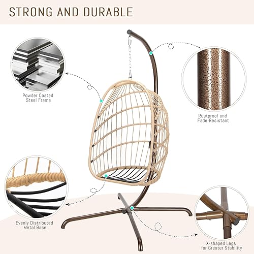 Miniatura 3 de RADIATA Silla plegable de mimbre colgante con soporte, silla oscilante con cojín y almohada, silla de descanso para interiores y exteriores,