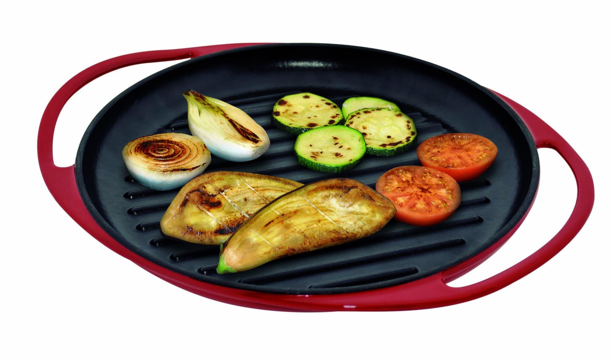 Jata GR25 - Piastra da griglia, griglia in ghisa, Superficie a Righe, Adatta a Tutti i Tipi di cucine Inclusa induzione, Adatta per Forno, Diametro 25 cm, Rosso