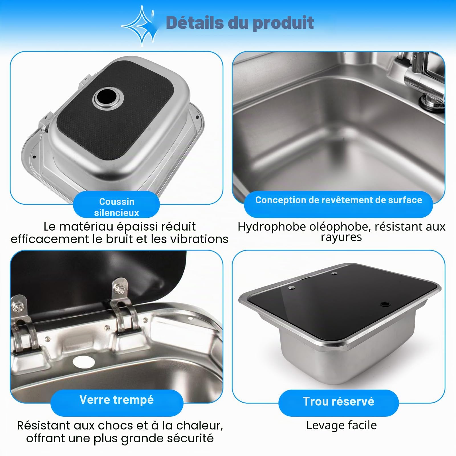 Évier de cuisine avec couvercle, 41,9 x 37,6 x 15 cm, en acier inoxydable 304 avec robinet pivotant à 360° pliable et couvercle en verre trempé pour caravane, camping-car, camping-car