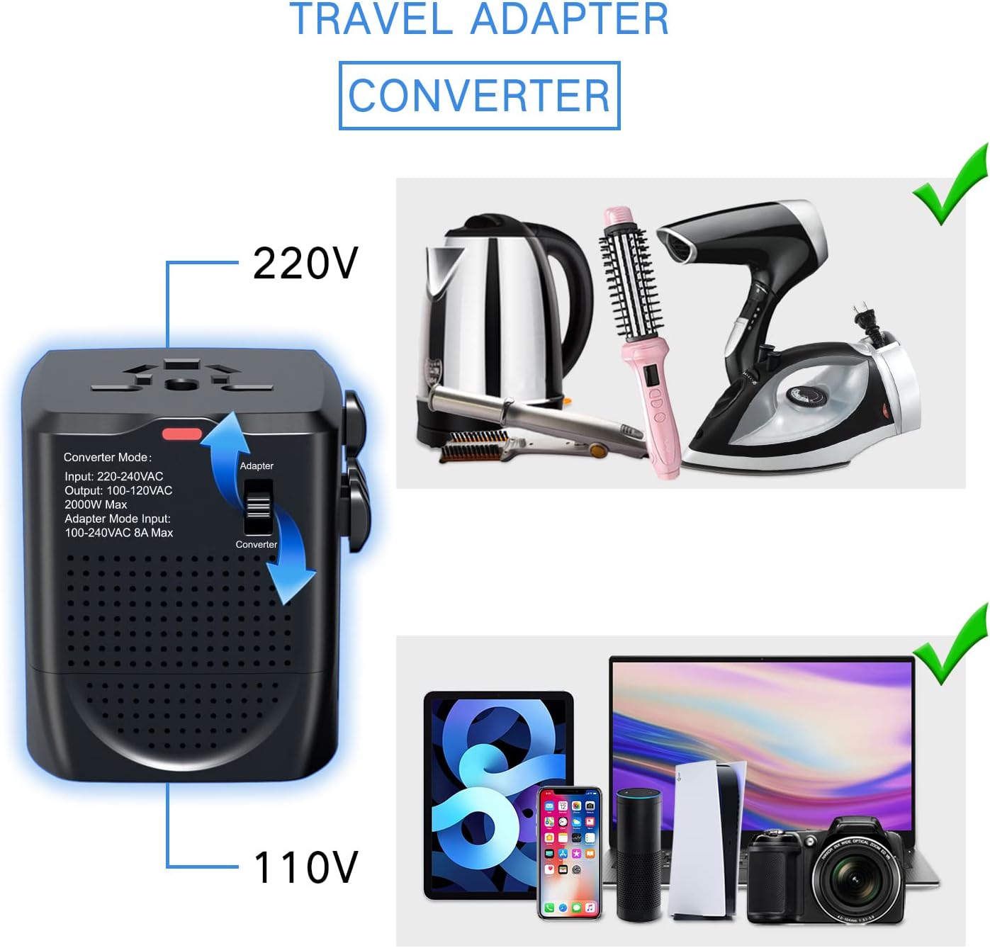 2000W Adapter 880W Voltage Converter, Down Voltage 220 V to 110 V for Curling Iron Cell Phone Laptop, US to UK Europe AUS Over 200 Countries Power Converter