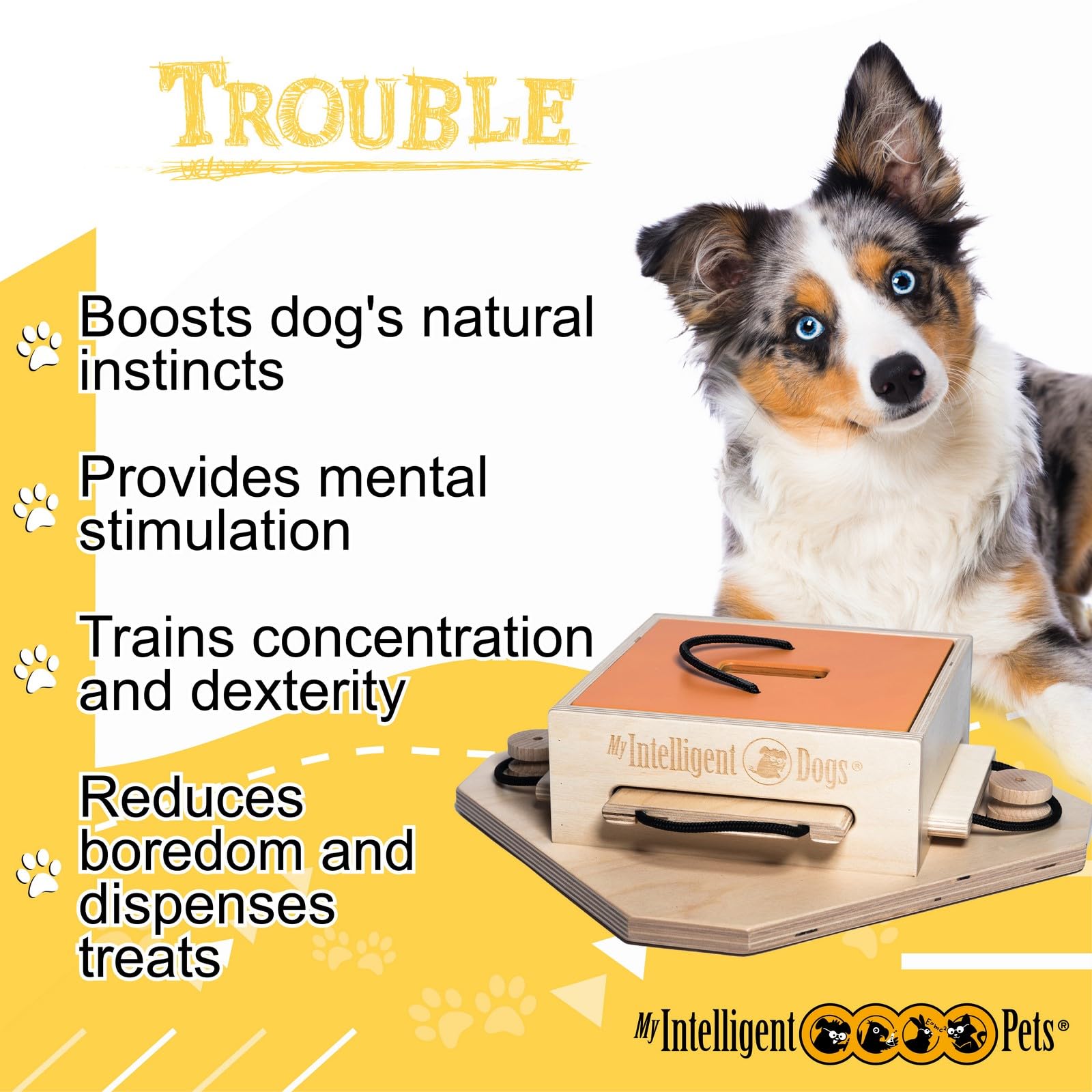My Intelligent Pets Giocattoli interattivi per Cani di Legno Trouble Giocattolo intelligente per cani Distributore di Dolcetti Interattivo Giocattolo per Cuccioli, giochi di Attivazione Mentale