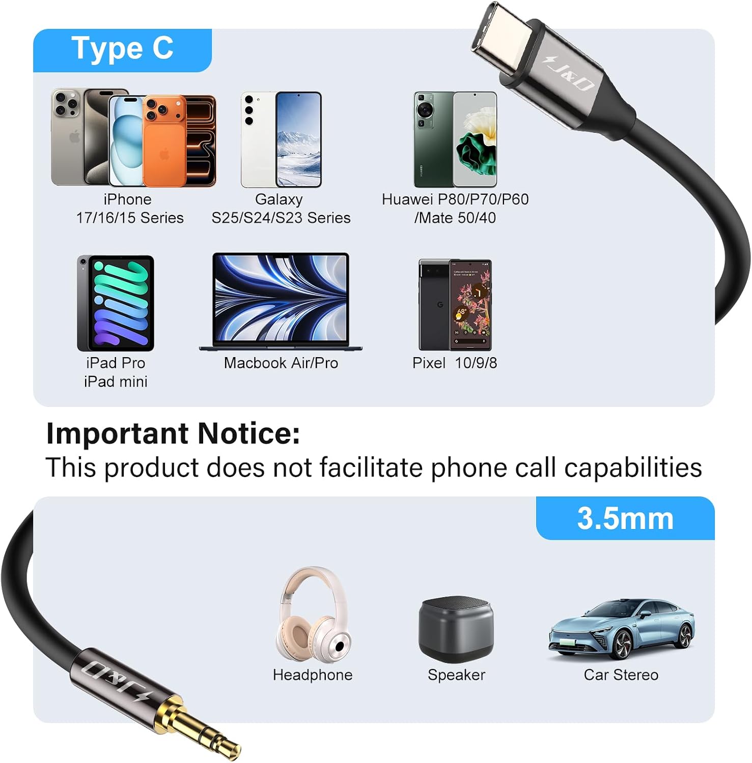 J&D USB C to 3.5mm 1/8 inch Audio Aux Cable, USB Type C to Standard 3.5mm 1/8 inch TRS Male Car Aux Adapter Cable Compatible with iPhone 16/17 Series, 3.3 Feet