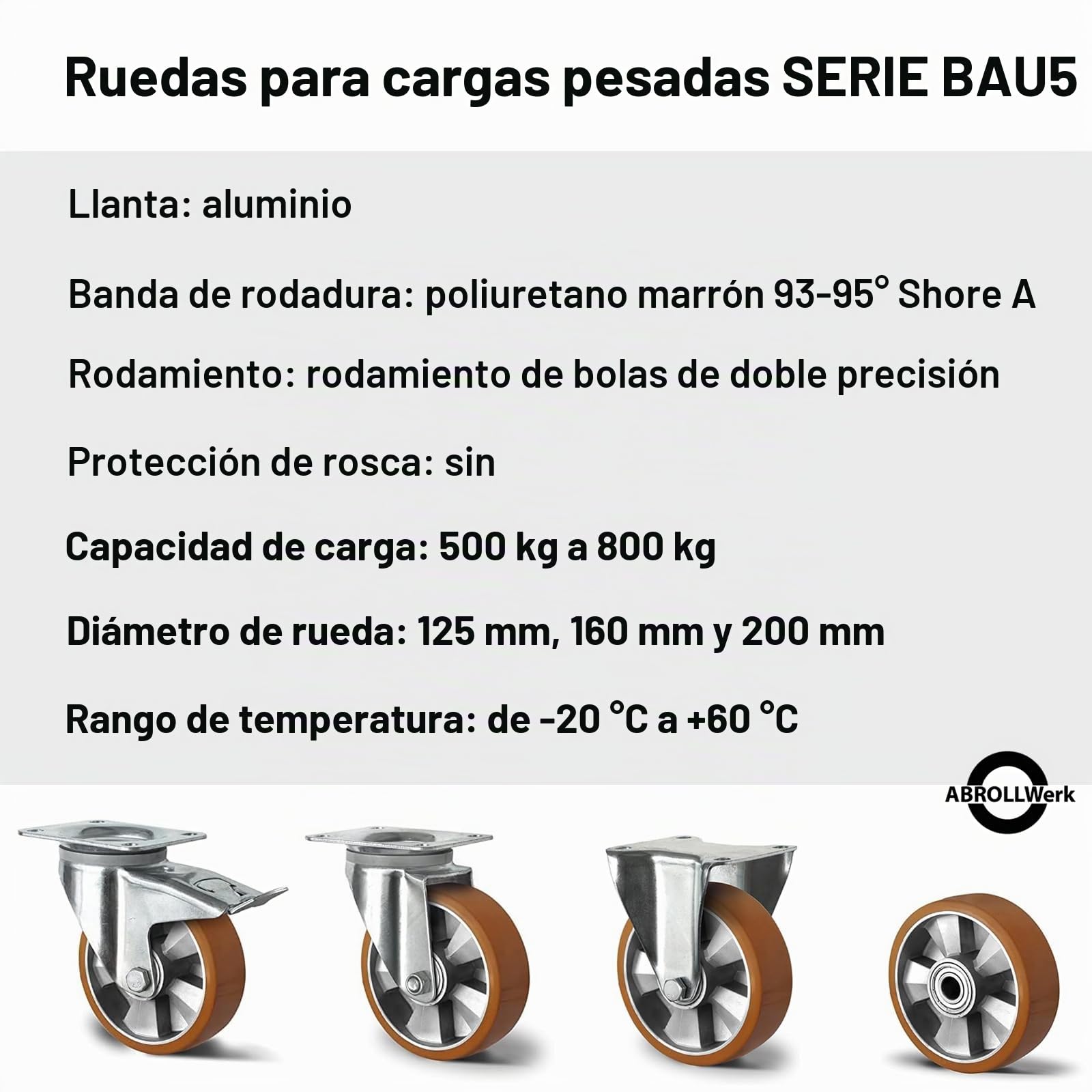 Juego de 2 ruedas empotrables para cargas pesadas, 160 mm, 1200 kg, carga total (2 x 600 kg), llanta de aluminio y superficie de rodadura de poliuretano, rueda de repuesto con doble