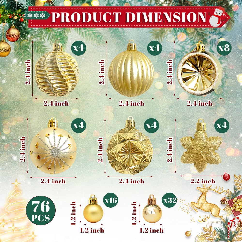 Lzmvte 76 Pack Gold Christmas Ball Ornaments, Christmas Tree Decoration Balls with Hanging Loop, Golden Christmas Hanging Ornaments Sets for Xmas Tree, Holiday and Home Decor