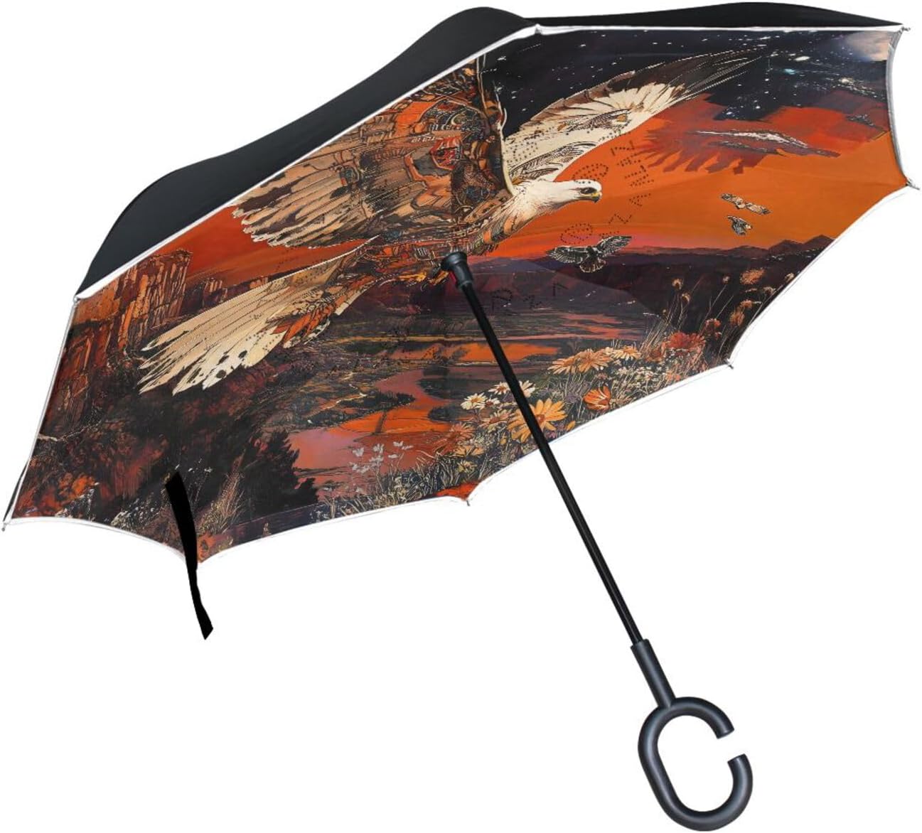 Artistic Owl Moon Inverted Umbrellas for Rain Windproof Reverse Upside Down Golf Umbrella with C-shape Handle for Men Women