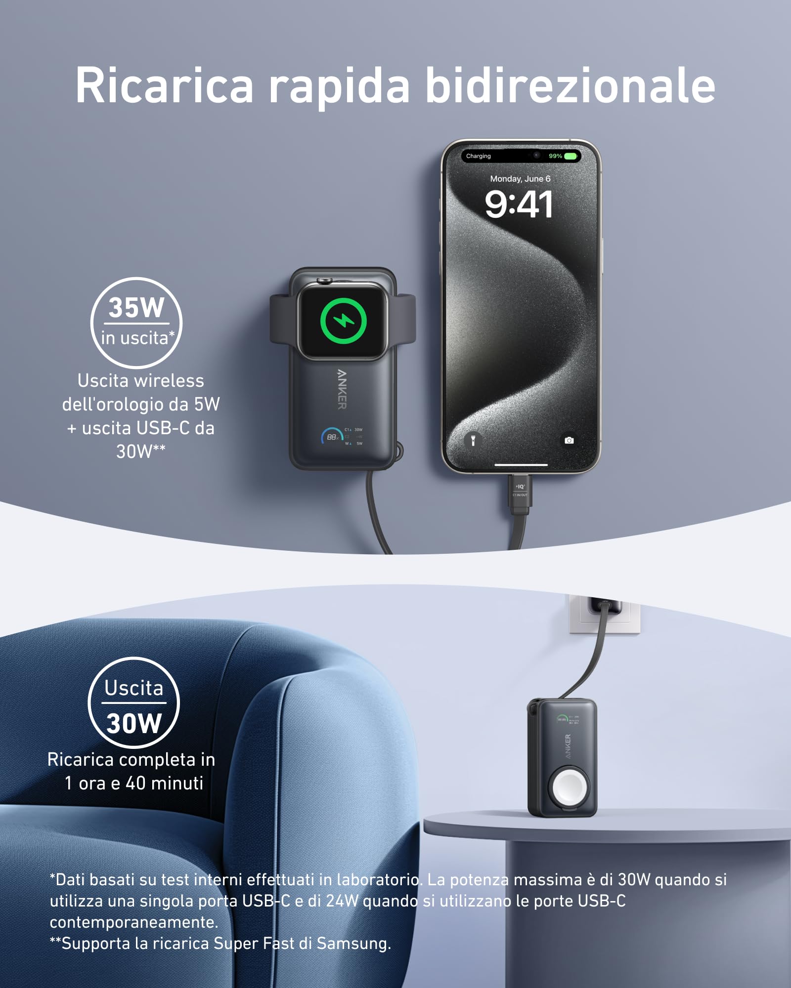 Anker MagGo Power Bank per Apple Watch, Batteria Certificata, Portatile e Compatta da 10.000mAh, Cavo USB-C Incorporato, 35W Max, per iPhone 16/15, Samsung, iPad, AirPods, e Altro Ancora