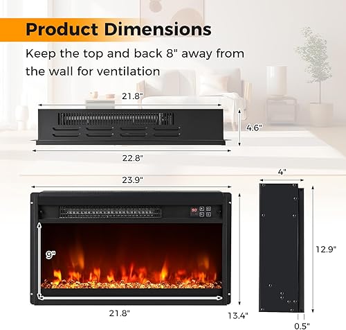 Miniatura 3 de COSTWAY Calentador de chimenea empotrado de 23 pulgadas, inserto de chimenea eléctrica con llama multicolor y cama de brasas de cristal, control