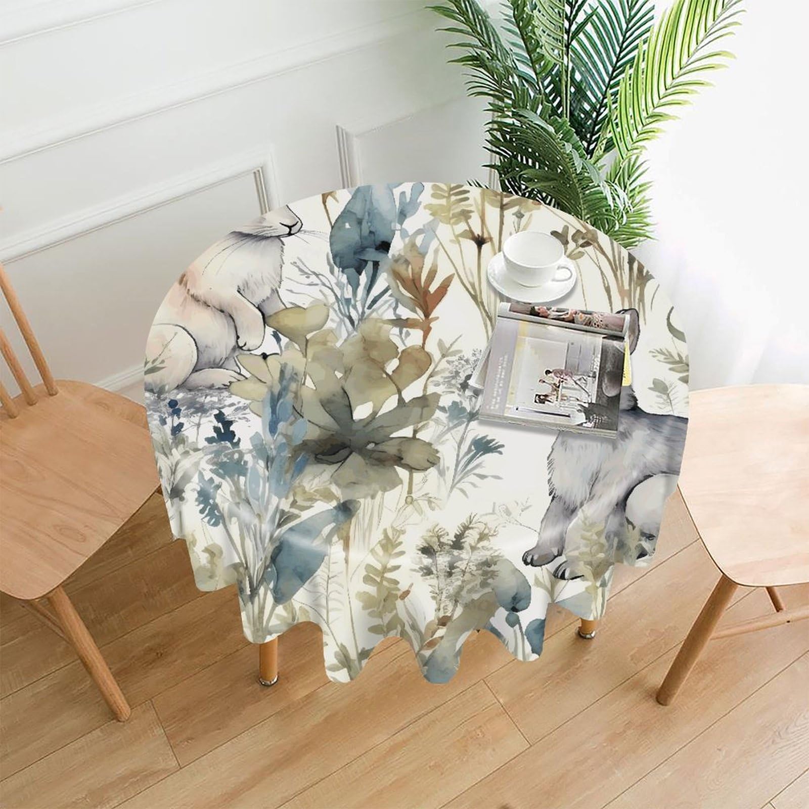 LZQPOEAS Hand Drawn Rabbit Tablecloth Decorative Round Table Cloth Wrinkle Resistant Round Tablecloth Washable Circle Table Cover for Kitchen Dining Party Wedding Camping 60 Inch