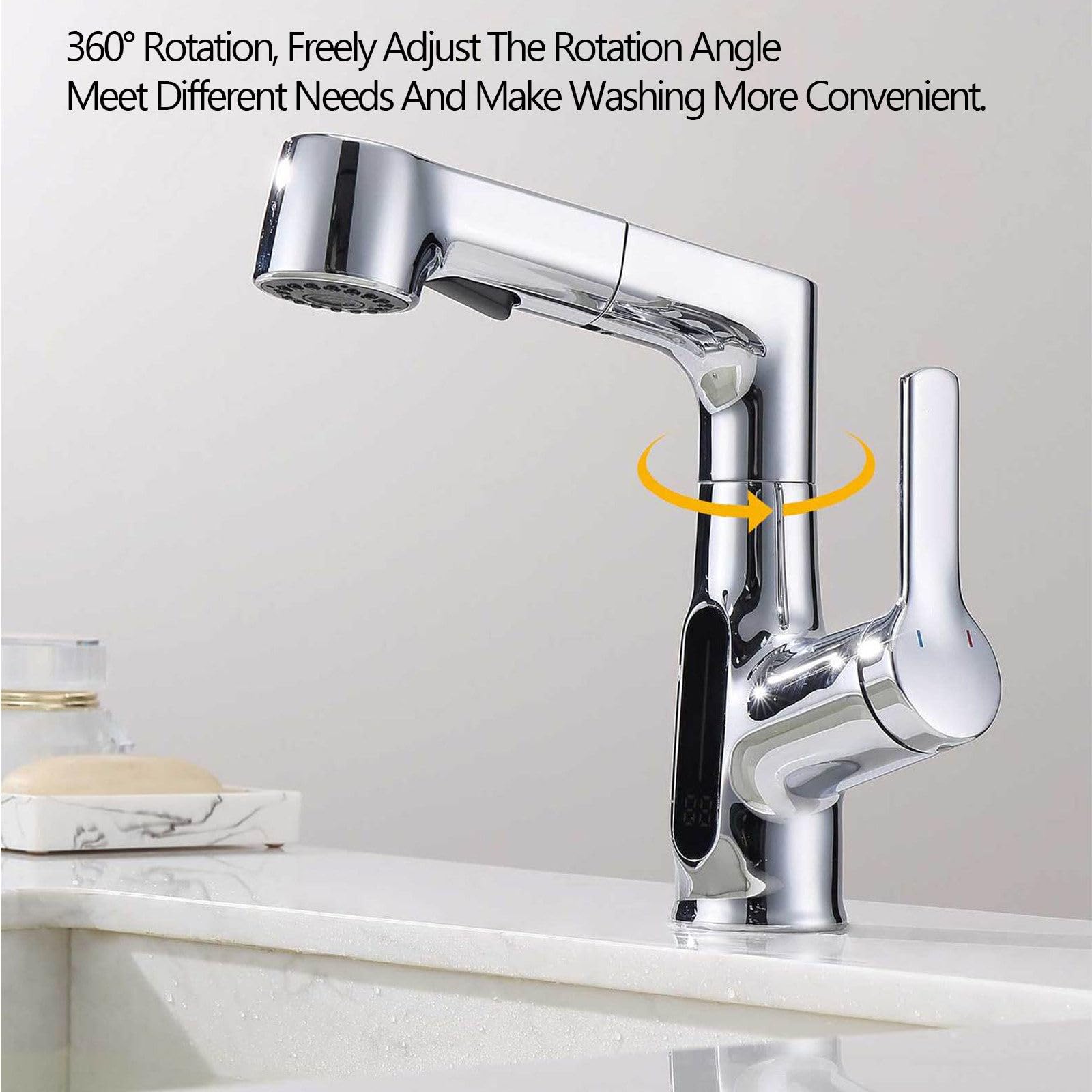 Lavabo de baño de PU de 1 Orificio y 2 Modos con rociador de PU, Lavabo con Pantalla Digital de Temperatura, Lavabo de sobreponer, PU para Lavabo de baño
