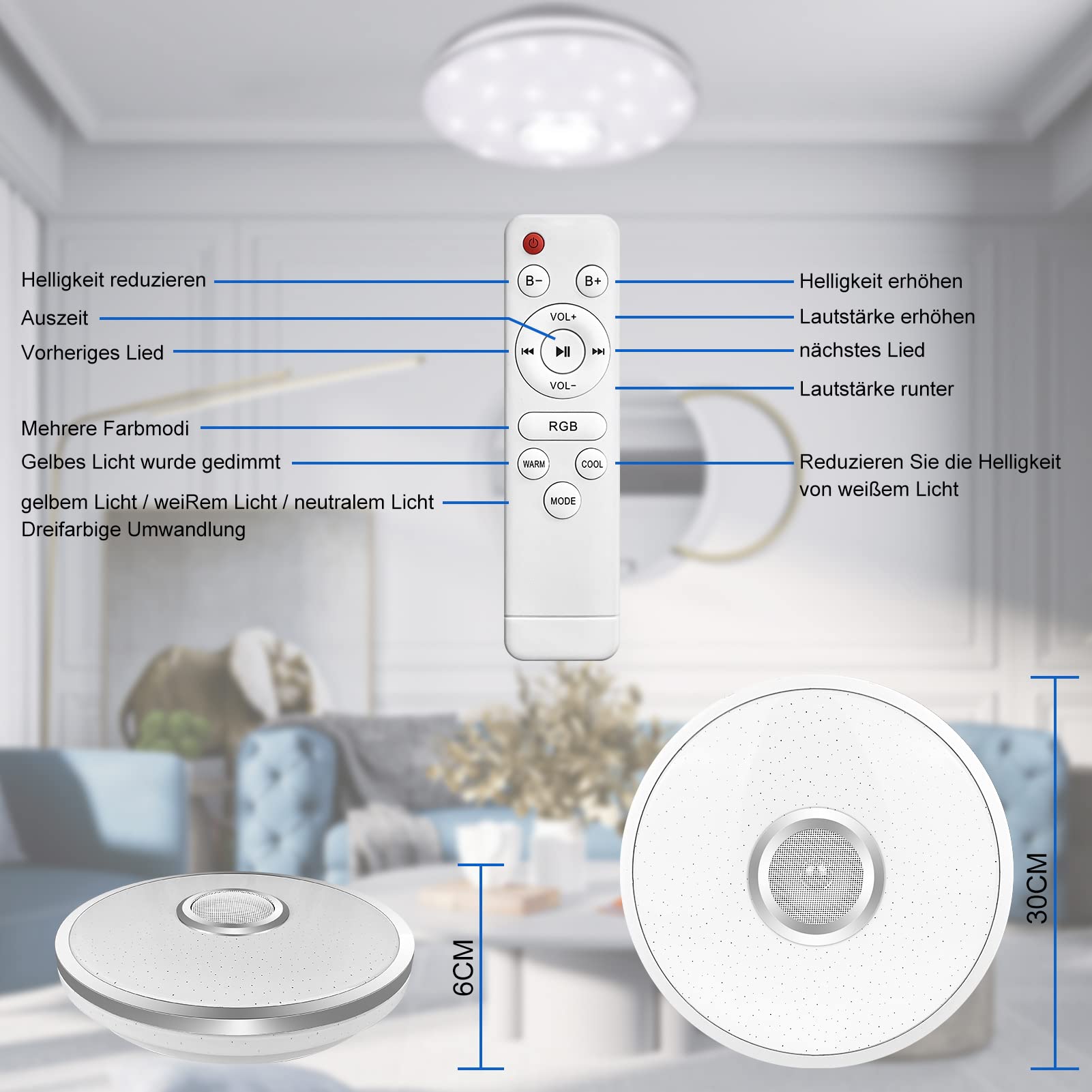 RGB LED Deckenleuchte Dimmbar – 30 Cm Schwarz, App & Fernbedienung, Modernes Wohnzimmerlicht