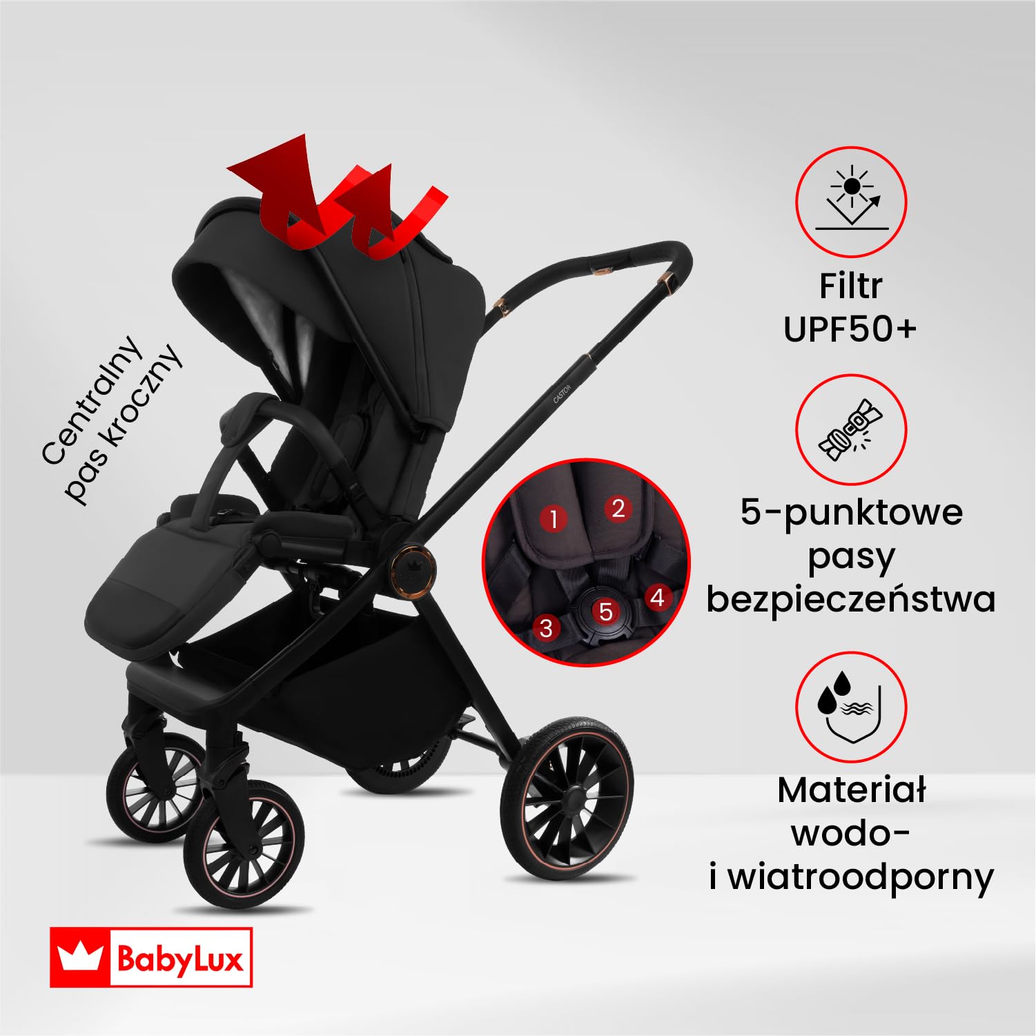 BabyLux Wielofunkcyjny Wózek Dziecięcy 2w1 CASTOR Lekki i Kompaktowy | Gondola i Spacerówka z Akcesoriami, Składana Aluminiowa Konstrukcja Stelaża, Regulowane oparcie, Żelowe Koła, Amortyzacja