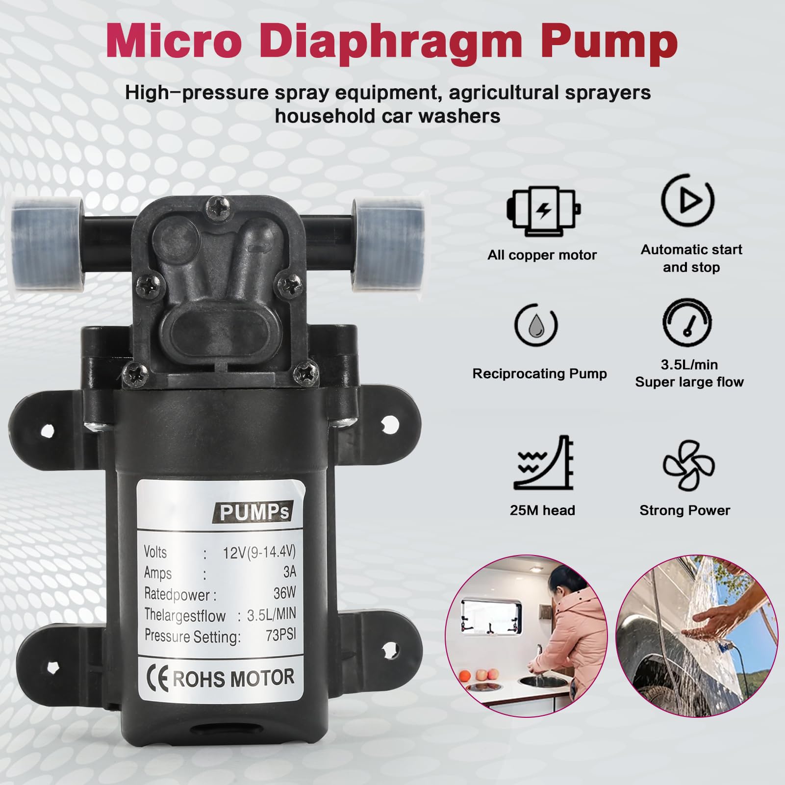 12V 36W Micro-Pompe à membrane, Pompe à membrane à pression d'eau, Booster Sprayer Pompe pour Maison Jardin Caravane/RV/Bateau/Marine