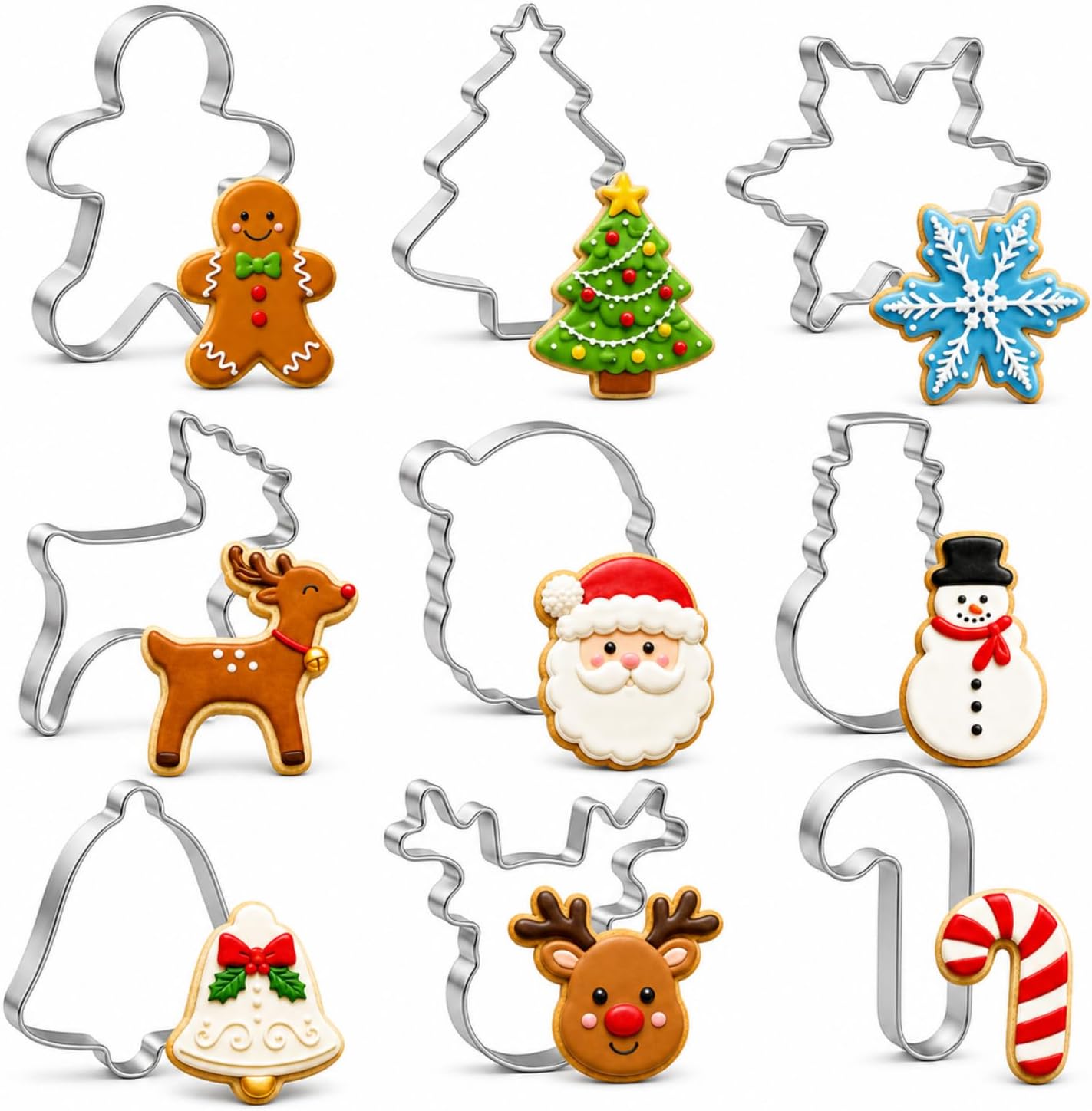 Christmas Cookie Cutters Set - 9 PCS Snowflake,Gingerbread Man,Christmas Tree,Snowman,Reindeer Head,Bell,Santa Face,Reindeer, Candy Cane Stainless Steel Cookie Cutter for Biscuit, Fondant