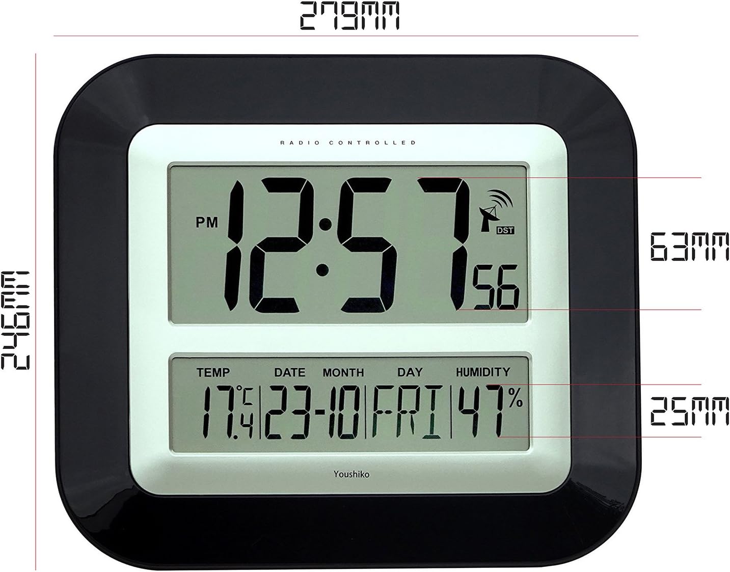 Side view of the Youshiko YC8055 clock with its integrated stand extended
