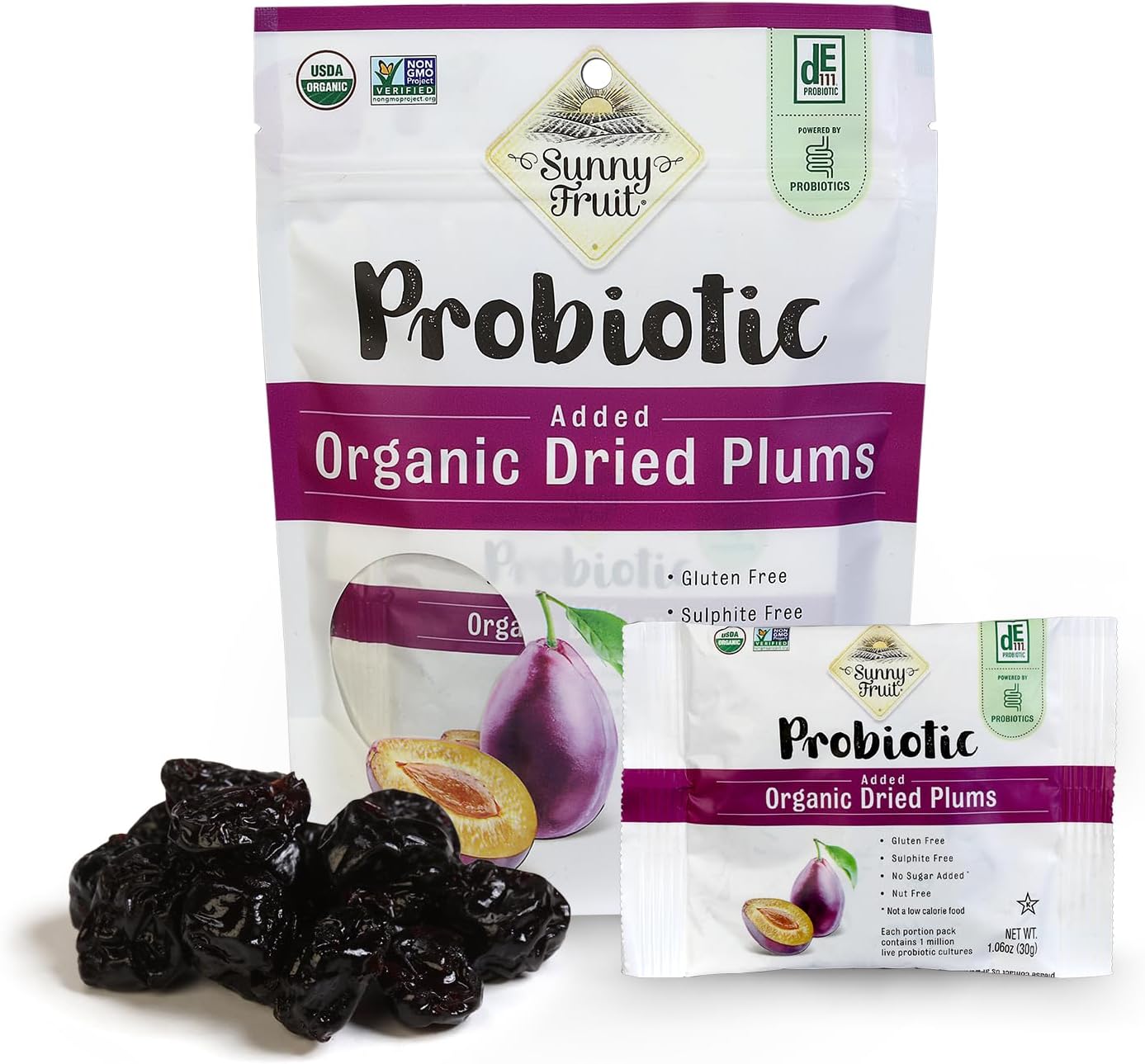 Sunny Fruit Organic Probiotic Prunes - 1 Bag (5 Individual Portion Packs) | No Preservatives, No Sugar Added | Convenient Dried Plums Snack with Live Probiotics | ORGANIC, NON-GMO, KOSHER, HALAL
