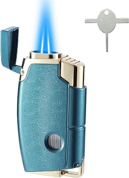 Double Torch Butane Lighter with Punch, Jet Windproof Lighter with Keyhole, Refillable and Adjustable, Great Gift for Men and Women, Sold Without ButaneBlue