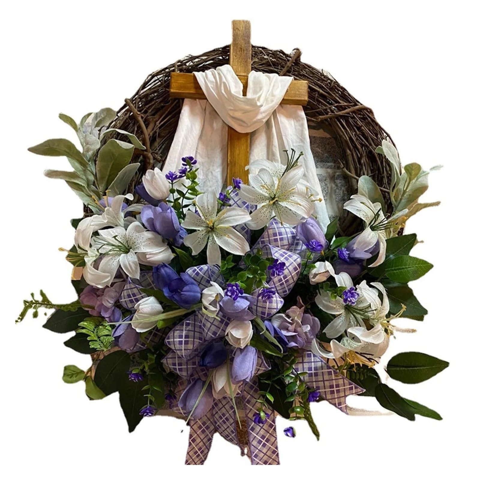 Couronne de 40 cm à Faire soi-même avec Croix, décoration printanière, Guirlande de Porte d'entrée de Pâques, décoration Murale, Couronne Artificielle for la Maison pour Mariage, Maison