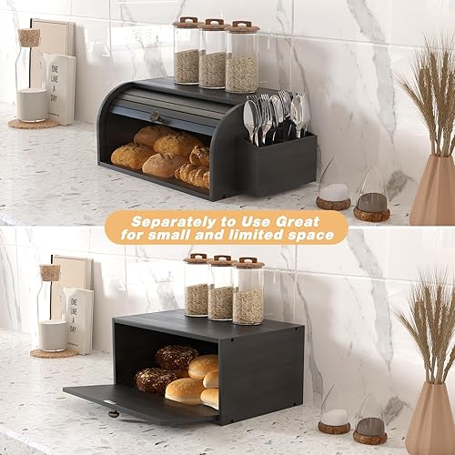 Miniatura 6 de TQVAI Panera de bambú para encimera de cocina, contenedor de pan enrollable con cesta de cubiertos, se puede utilizar como 2 cajas de pan Negro